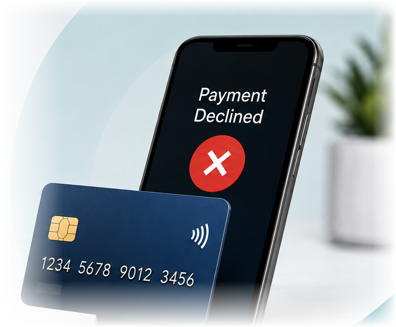 Illustration of a smartphone showing a declined payment message beside a navy payment card showing sample digits