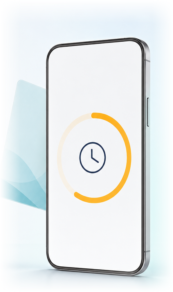 Illustration of a smartphone showing a clock inside a partial amber ring, with a pale aqua card behind it