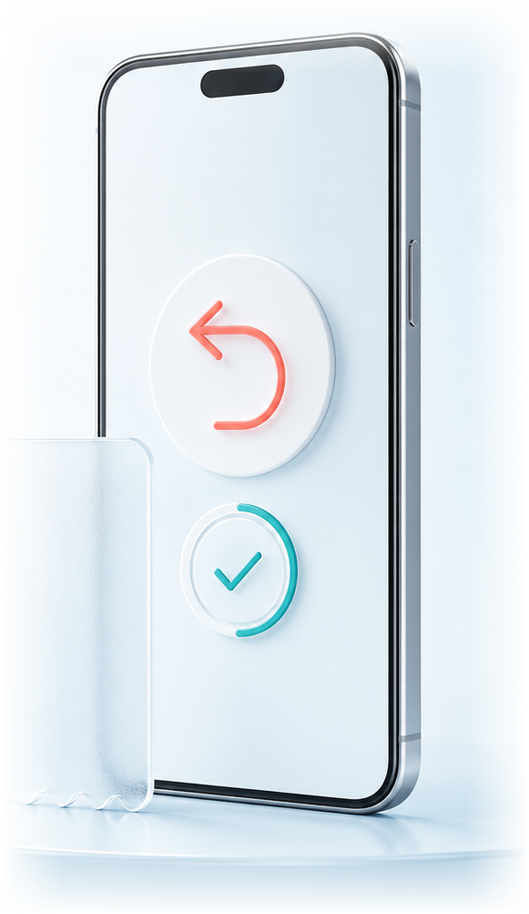 Illustration of a smartphone with a return-arrow symbol beside a blank receipt on a pale platform