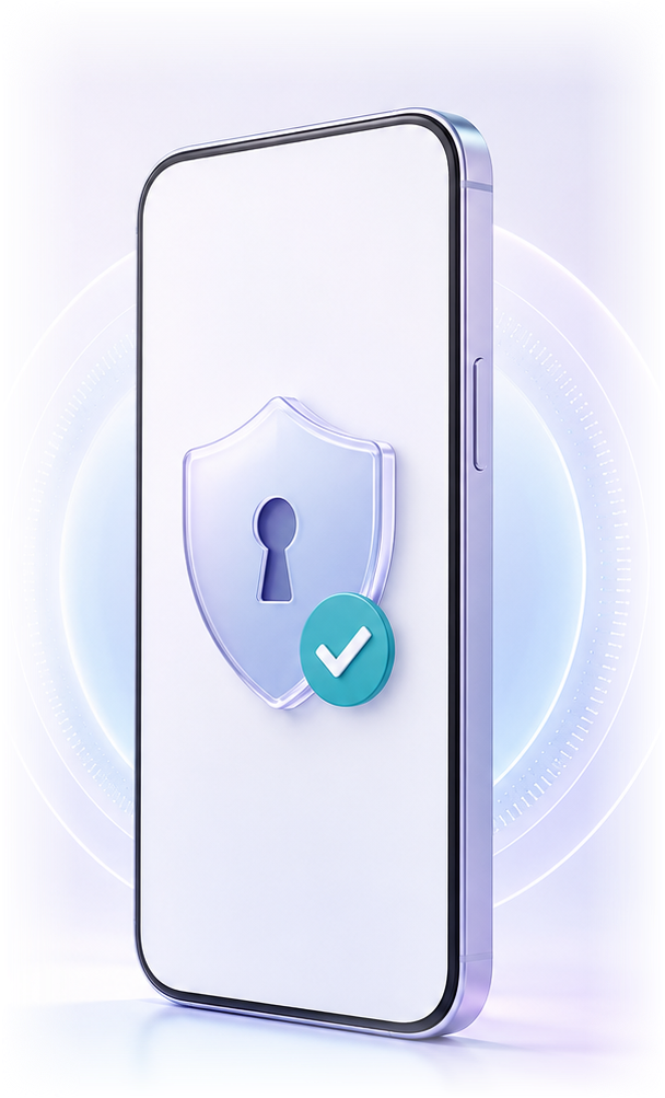 Illustration of a smartphone showing a shield with a keyhole and a teal check mark on a pale lavender glow